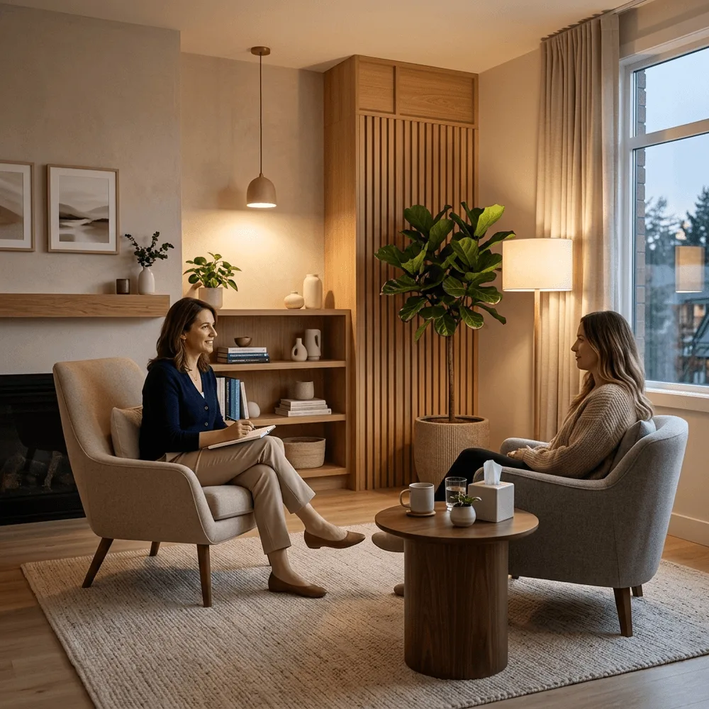A counsellor speaking with an adult in a calm consultation room