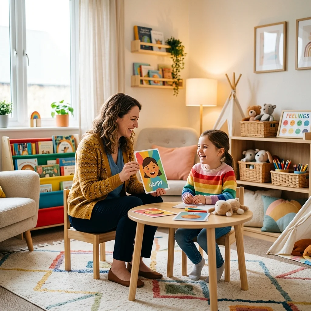 Friendly child psychologist therapy room consultation